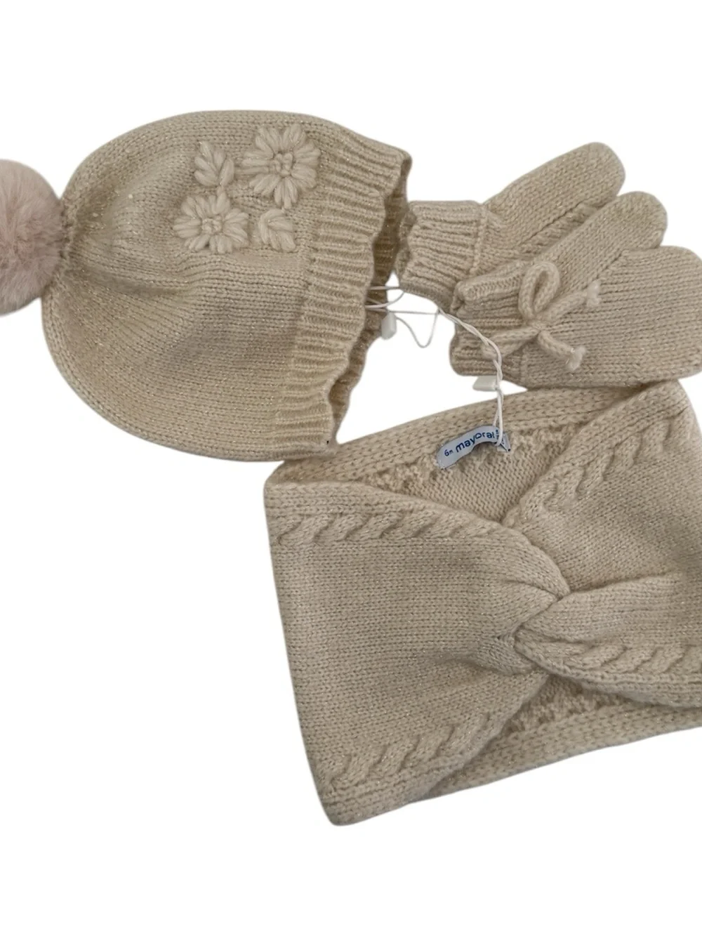 Mayoral Cream Knit Pom-Pom Hat, Mittens & Twisted Headband Set